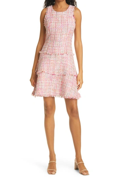 Shop Likely Tweed Tiered Minidress In Pink/ Ivory Multi