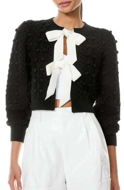 Shop Alice And Olivia Kitty Bow Front Bobble Crop Cardigan In Black/ Soft White