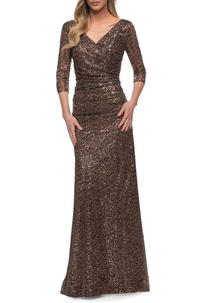 Shop La Femme Ruched Sequin Gown In Bronze