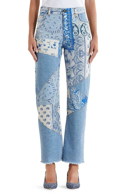 Shop Etro Paisley Patchwork Ankle Jeans In Light Blue