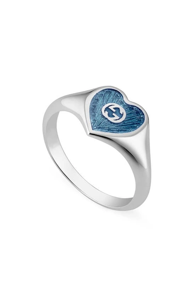Shop Gucci Extra Small Interlocking-g Blue Heart Ring In Silver/ Blue