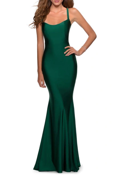 Shop La Femme Lace Up Back Jersey Mermaid Gown In Emerald