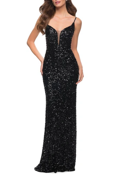 Shop La Femme Deep V-neck Sequin Gown In Black