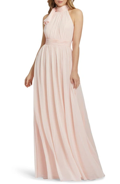 Shop Ieena For Mac Duggal High Neck Ruched Chiffon A-line Gown In Blush