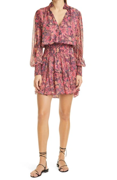 Shop A.l.c Silvie Floral & Metallic Long Sleeve Silk Blend Dress In Navy/hot Pink