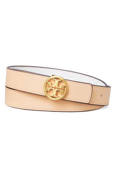 Shop Tory Burch Reversible Leather Belt In Gardenia / Coy Pink / Gold