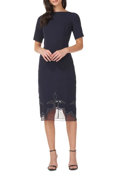Shop Js Collections Beaded Illusion Hem Sheath Dress In Navy