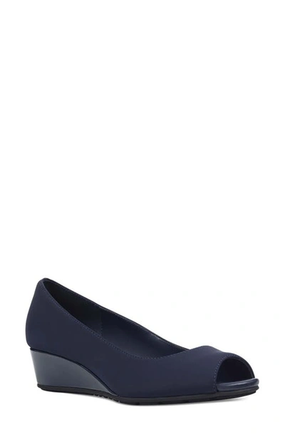 Shop Bandolino Peep Toe Wedge Pump In Dark Blue Fabric