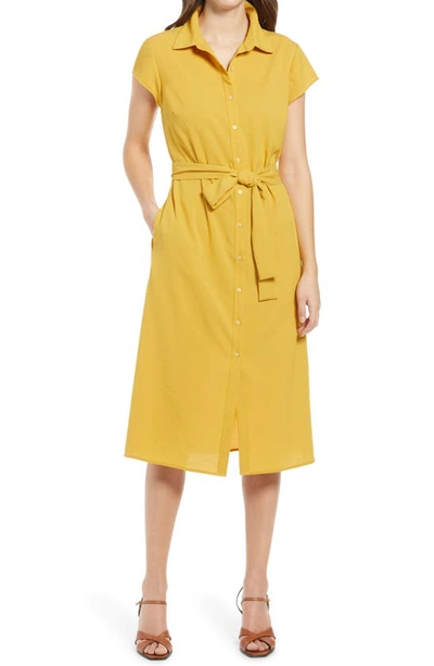 Shop Halogenr Textured Tie Waist Shirtdress In Yellow Citron