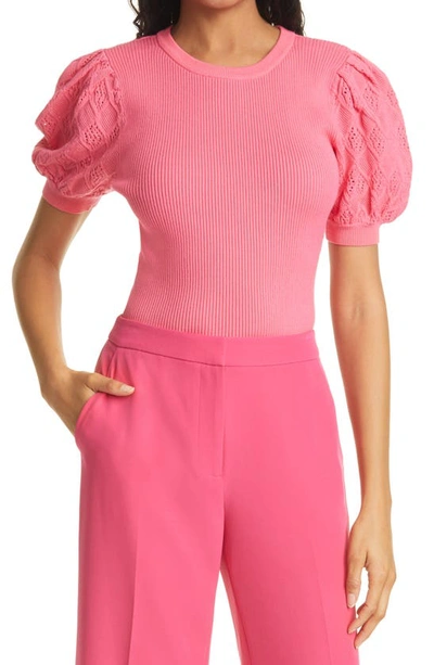 Shop Milly Rib Pointelle Short Sleeve Sweater In Watermelon