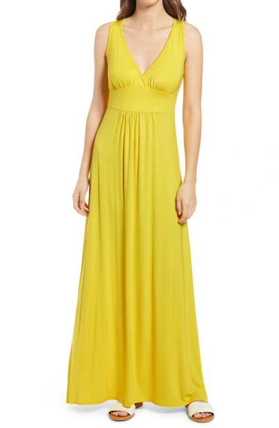 Shop Loveappella V-neck Jersey Maxi Dress In Yellow