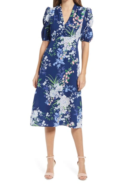 Shop Vince Camuto Floral Puff Sleeve Pebble Crepe Midi Dress In Navy Multi
