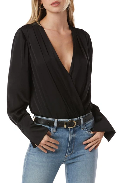 Shop Favorite Daughter Surplice Long Sleeve Satin Bodysuit In Black