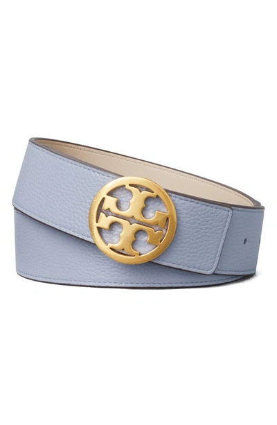 Shop Tory Burch Reversible Leather Belt In Cloud Blue / Longan / Gold