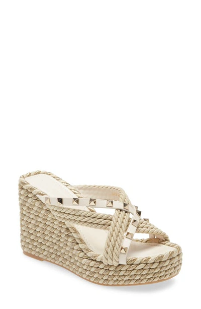 Shop Valentino Rockstud Torchon Esapadrille Wedge Sandal In Light Ivory/ Platino-champagne