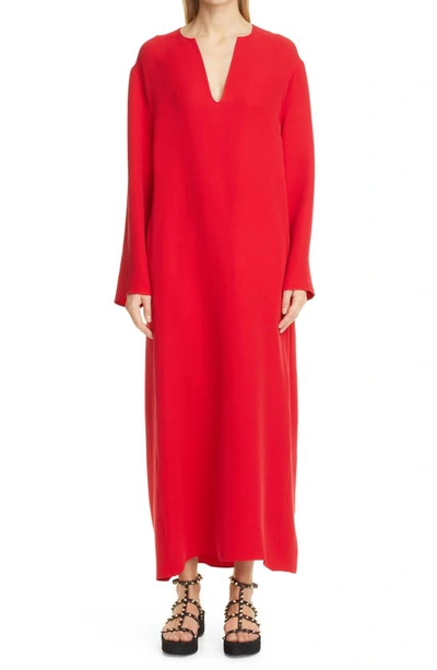 Shop Valentino Long Sleeve Silk Cady Couture Caftan Gown In Red