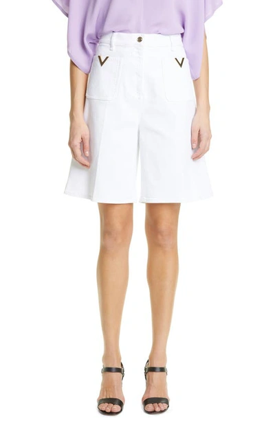 Shop Valentino V-detail Stretch Cotton Bermuda Shorts In White