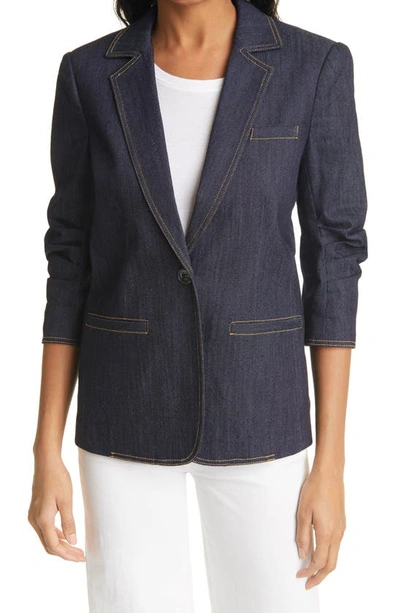 Shop Cinq À Sept Khloe Ruched Sleeve Denim Blazer In Indigo