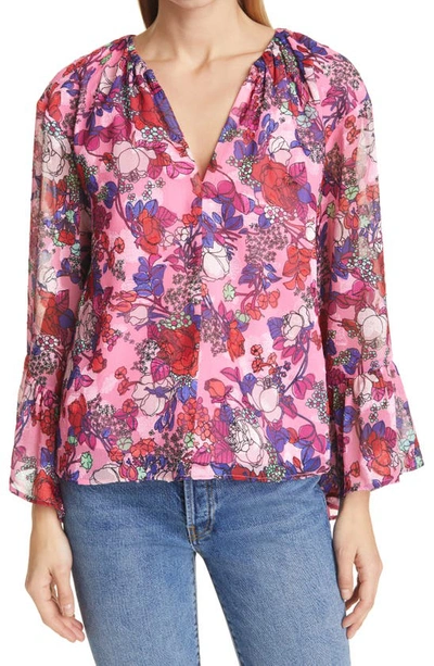 Shop Tanya Taylor Harper Floral Long Sleeve Blouse In Multicolor Floral Neon Pink