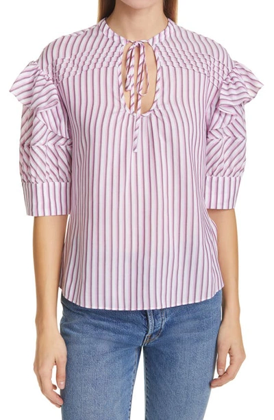 Shop Tanya Taylor Callie Stripe Ruffle Sleeve Cotton Blend Blouse In Lacquer/neon Pink Multi Stripe