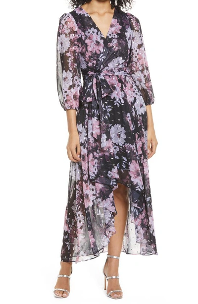 Shop Eliza J Floral Metallic Fleck High/low Dress In Pink/ Black