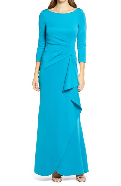 Shop Eliza J Techno Pleated Scuba Trumpet Gown In Ocean