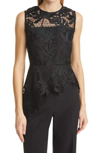 Shop Milly Lena Palm Lace Embroidery Sleeveless Peplum Blouse In Black