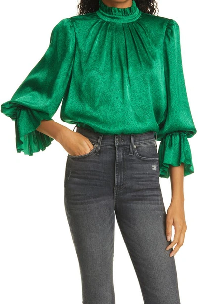 Shop Alice And Olivia Launa Paisley Blouson Sleeve Satin Top In Mnt Kelly