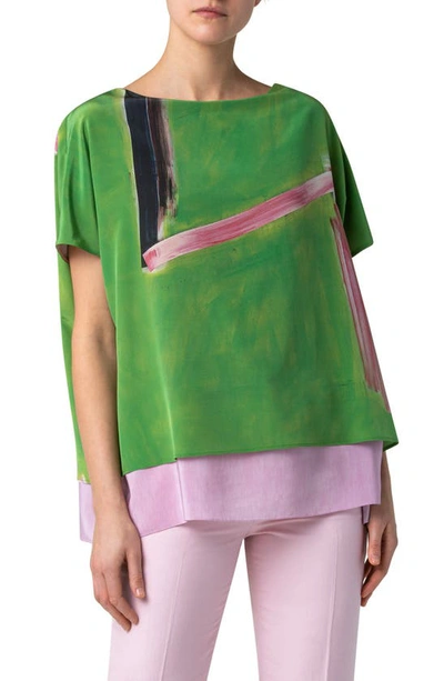 Shop Akris Oversize Print Silk Tunic Blouse In Pure Green