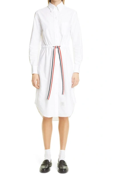 Shop Thom Browne Stripe Belt Long Sleeve Oxford Shirtdress In White