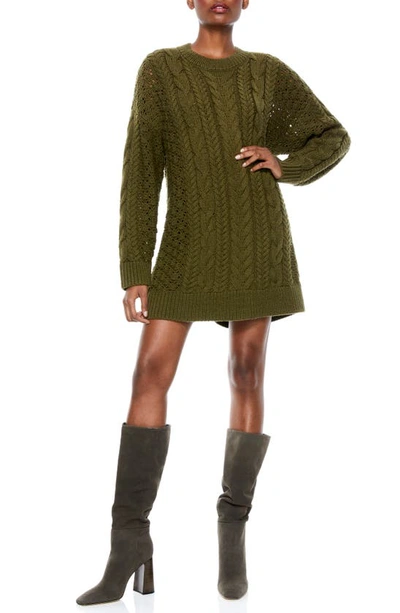 Shop Alice And Olivia Lennie Long Sleeve Cable Knit Wool Blend Sweater Dress In Olive