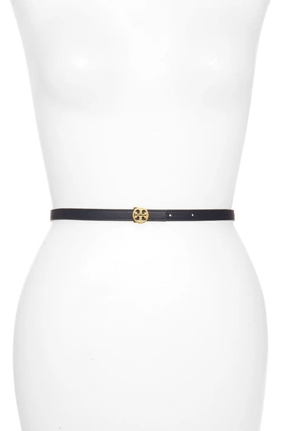 Shop Tory Burch Skinny Leather Logo Belt In Royal Navy