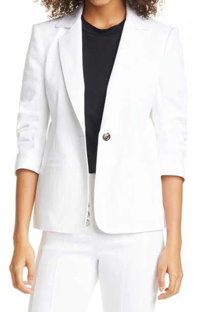 Shop Cinq À Sept Khloe Ruched Sleeve Denim Blazer In White