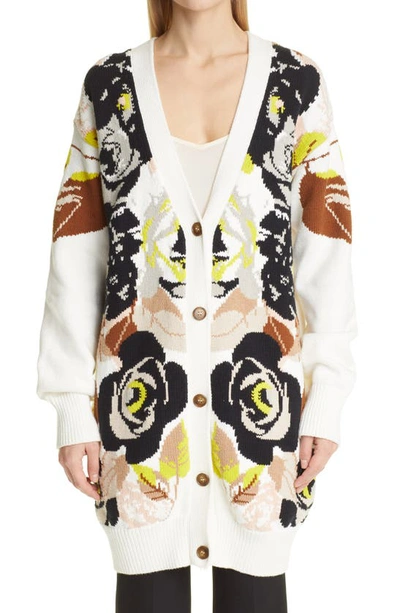 Shop Adam Lippes Floral Chunky Knit Cotton Long Cardigan In Ivory Floral