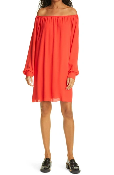 Shop Atm Anthony Thomas Melillo Crepe Georgette Off The Shoulder Long Sleeve Dress In Flame
