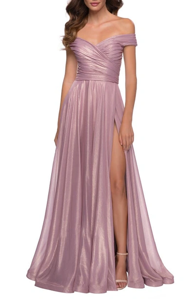 Shop La Femme Iridescent Off The Shoulder Chiffon Gown In Pink Metallic