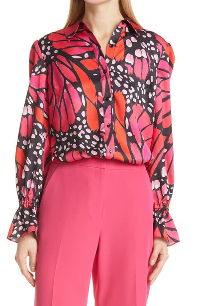 Shop Milly Lacey Butterfly Satin Button-up Blouse In Black/pomegranate