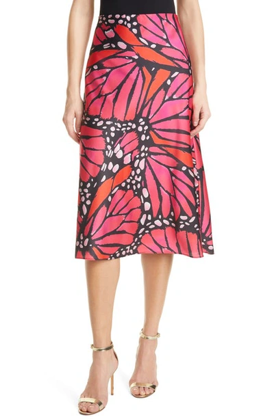 Shop Milly Fion Graphic Butterfly Bias Cut Satin Skirt In Black/pomegranate