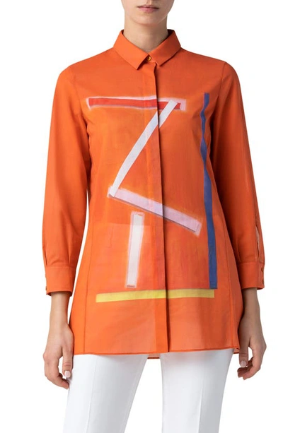 Shop Akris Zion Print Cotton Tunic Shirt In Pure Orange