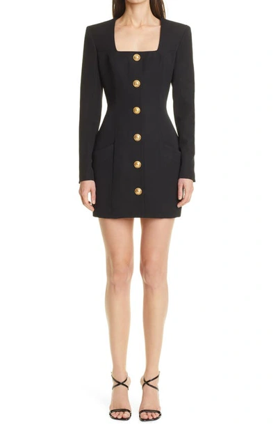 Shop Balmain Square Neck Long Sleeve Wool Minidress In Noir