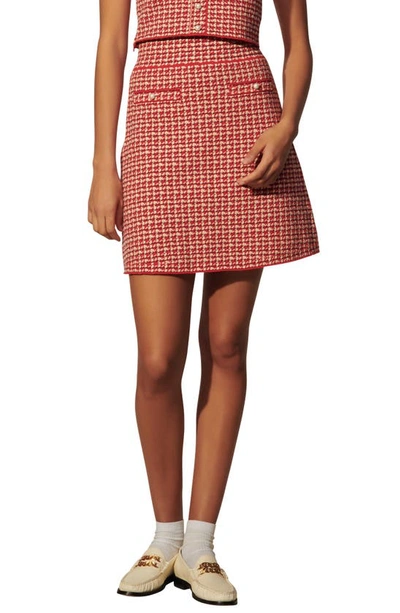 Shop Sandro Check Cotton Blend Knit Skirt In Red