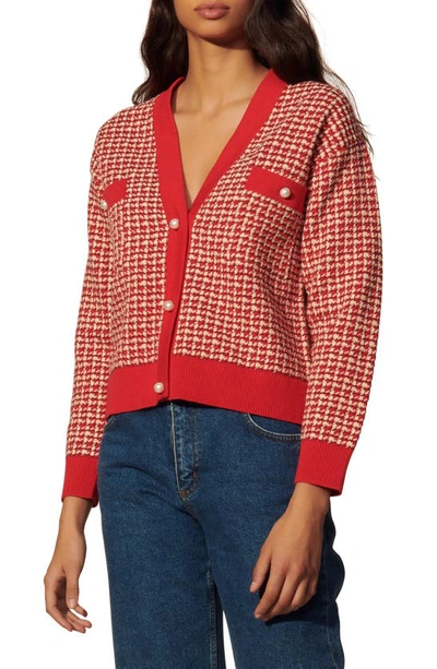 Shop Sandro Check Cotton Blend Cardigan In Red