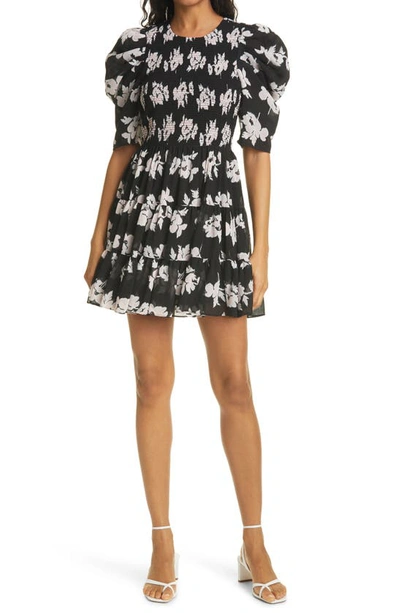 Shop Cinq À Sept Hollis Floral Puff Sleeve Tiered Ruffle Dress In Black/ Multi