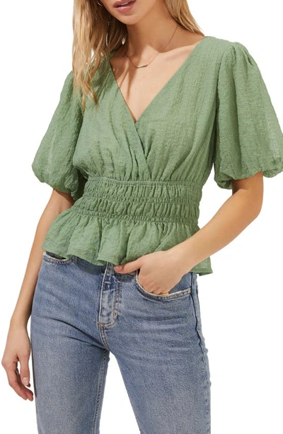 Shop Astr Shirred Bubble Sleeve Blouse In Sage