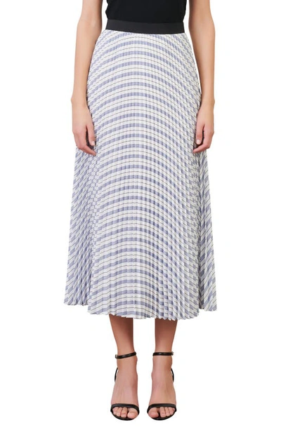 Shop Maje Joray Stripe Pleated Skirt In White/ Blue