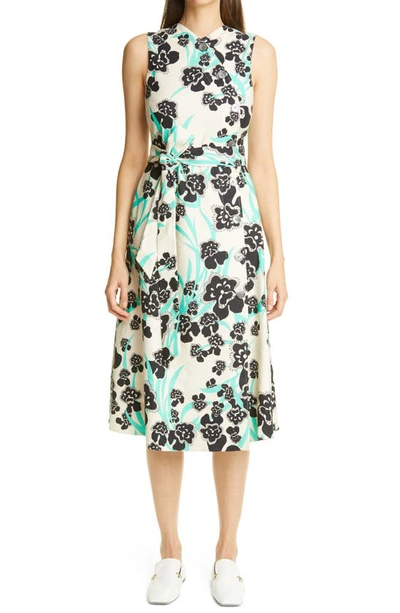 Shop St John Belted Stretch Twill A-line Dress In Chamomile Multi Chmt