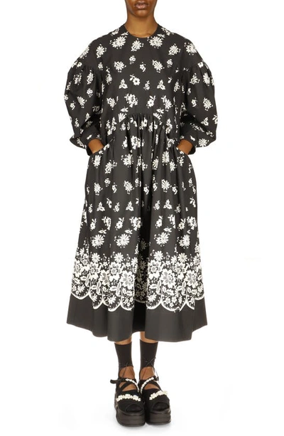 Shop Simone Rocha Floral Print Long Sleeve Midi Dress In Black/ White
