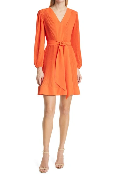 Shop Milly Liv Pleated Long Sleeve Fit & Flare Dress In Coral
