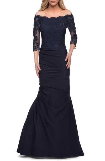 La femme off on sale the shoulder lace gown