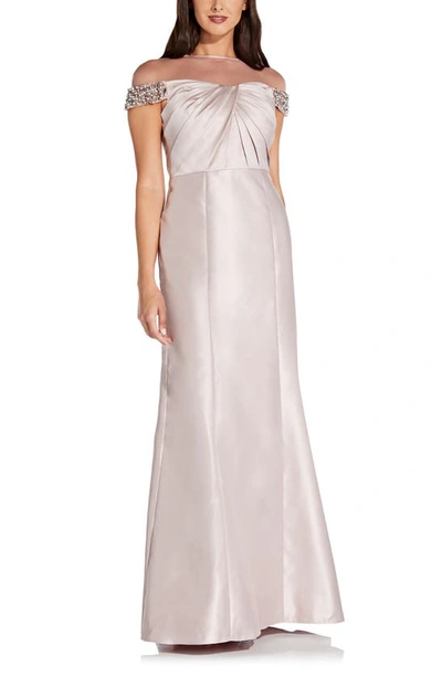 Shop Adrianna Papell Illusion Embellished Mikado Trumpet Gown In Bellini